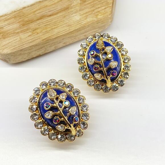 NEW Floral Rhinestone and Lapis Statement Earrings - Picture 15 of 16